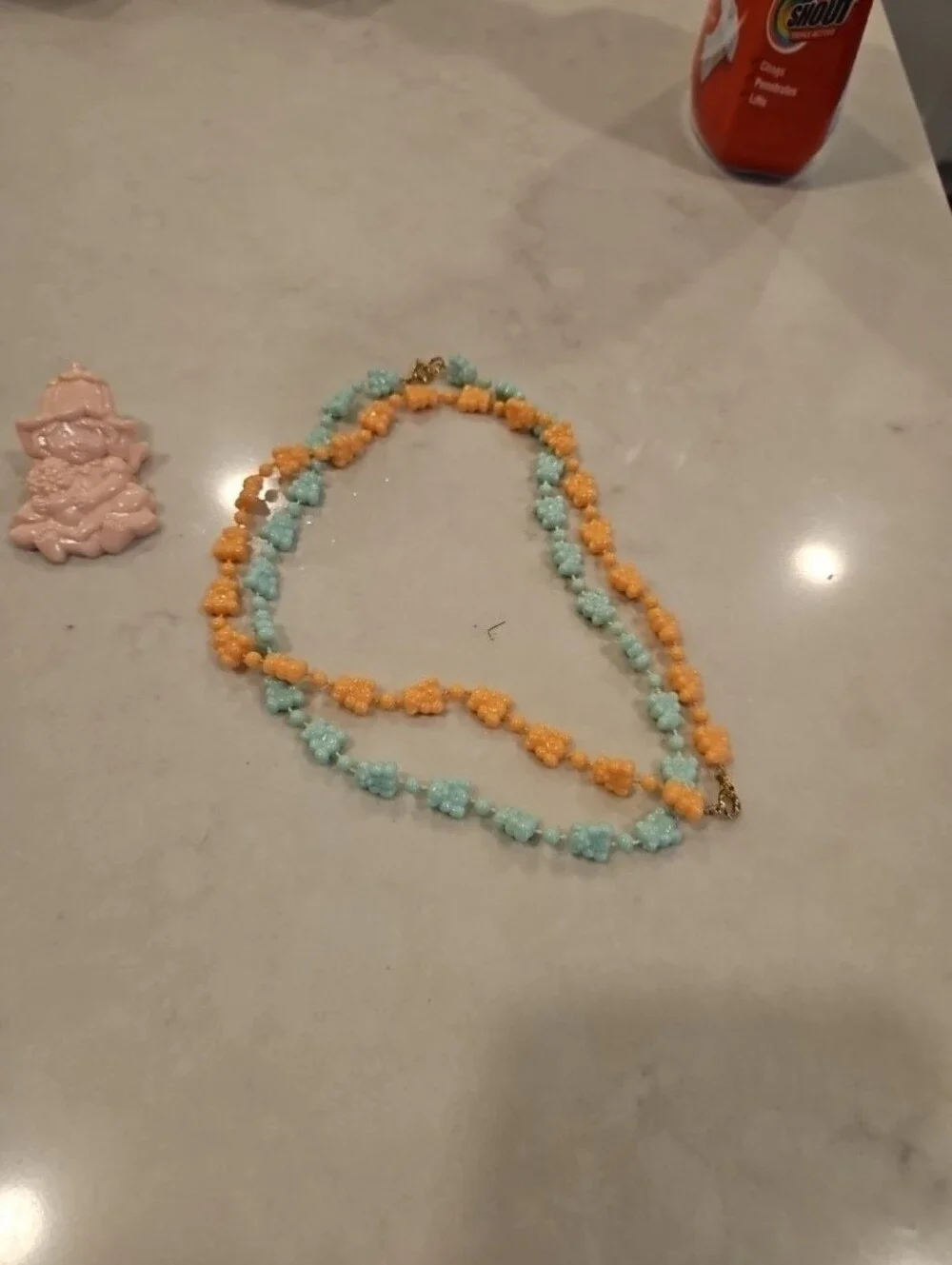 Vintage 1980s  Bear Beaded Choker  Child’s Necklace Set Peach Aqua/ Avon  Clip